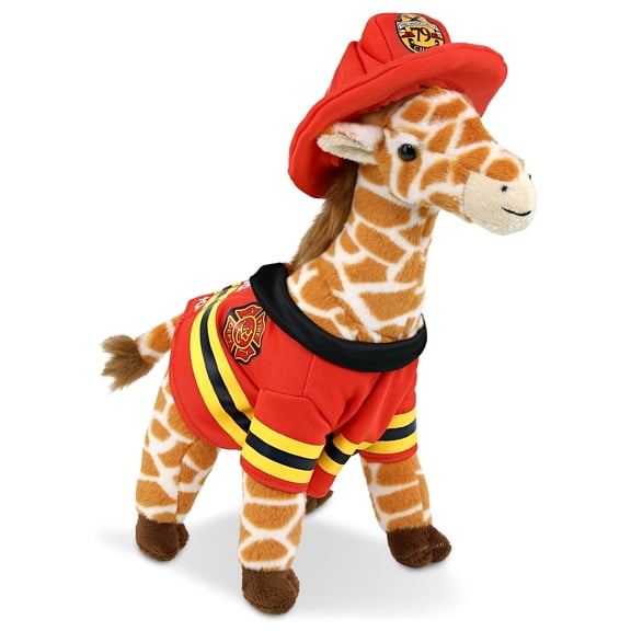 DolliBu Giraffe Firefighter Stuffed Animal - Super Soft Giraffe Fireman Toy with Red Fireman Costume Outfit and Fireman Hat, Safari Life Stuffed Animal Fire Fighter Doll Plush Toy for Kids - 12.5 Inch