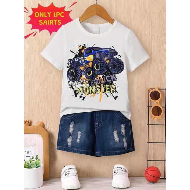 Monster Truck Print T-Shirt, Tees For Boys, Casual Short Sleeve T-shirt For Summer Spring Fall