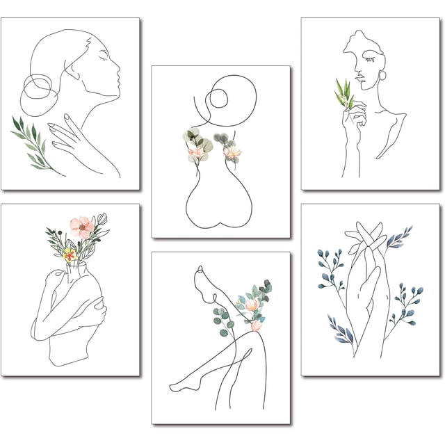 Láminas de arte minimalista para pared, líneas abstractas, juego de 6, sin marco, 20 x 25 cm, acuarela, minimalista, para mujer