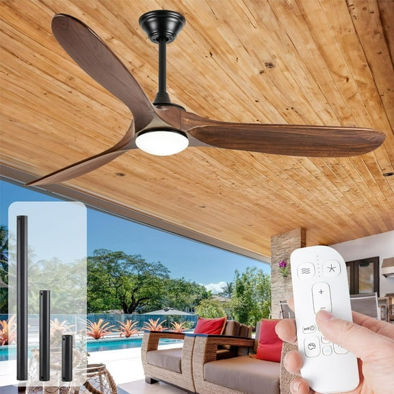 60 Inch Outdoor Ceiling Fan with Light Remote, 3 Blades Propeller Solid Wood Ceiling Fan with Noiseless Reversible DC Motor Rustic Farmhouse Large Airflow Indoor Ceiling Fans for Bedroom Patios Porch