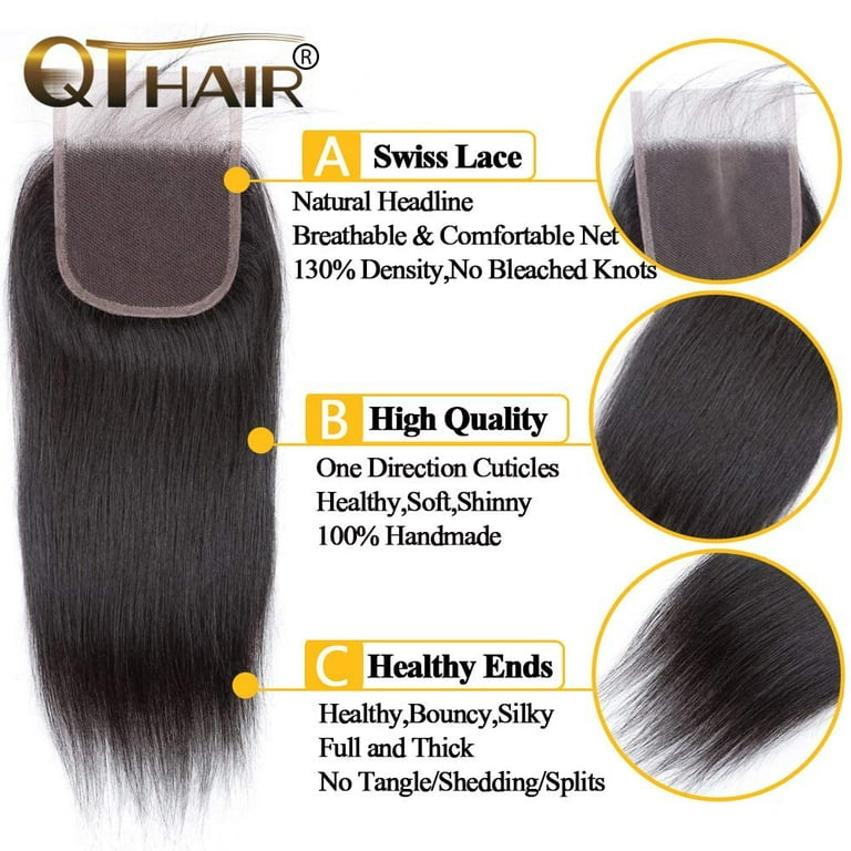 12A Straight Human Hair Bundles with Closure 18 20 22 16 Free Part Natural Black Indian Straight Virgin Hair with 4x4 Lace Closure Frontal 100 Unprocessed Human Hair Weave with Closure Walmart
