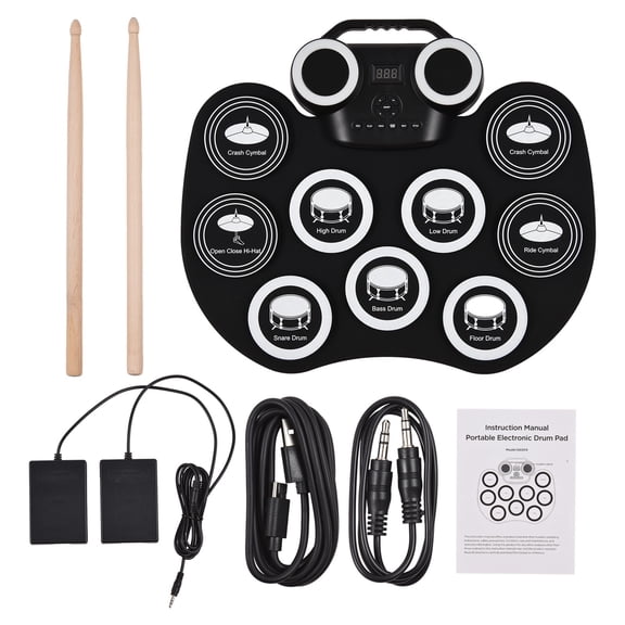 UsilkU Portable Roll-Up Electronic Drum Pad Tabletop Digital Drum Kit with Built-in Dual Stereo Speakers 9 Silicon Pads 2 Foot Pedals LED Display for Kids Adults (17.05 x 15.55 in)