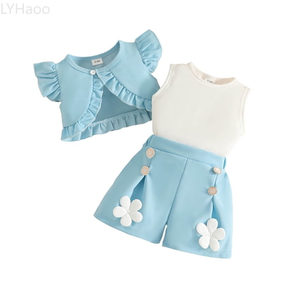 LYHaoo Toddler Girls Fly Sleeve Ruffles Coat Vest Tops Skirts Floral Shorts Outfits Girls Outfit Sets Sizes 9-12 Months(Blue)