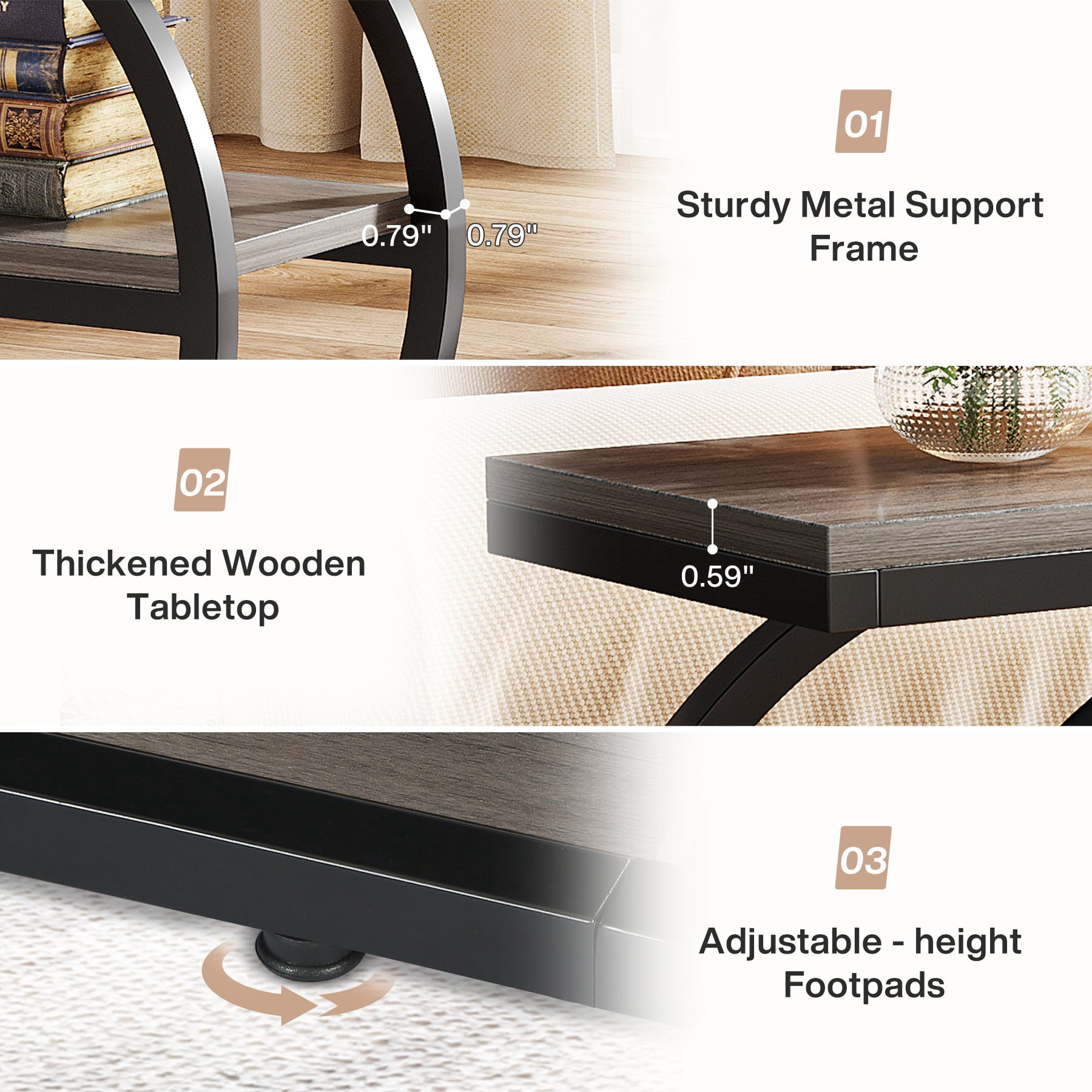Fnova Side Table with Circular Metal Frame, End Table with 3-Tier Shelves for Living Room, Gray