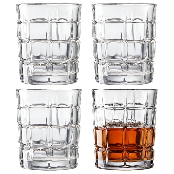 4 Pcs Whisky Glasses, Sturdy Lowball Glasses, Clear Whiskey Rocks Glasses, Crystal Glass CheckerTumblers, On the Rocks Tumblers for Spirits, Bourbon, Scotch, Cocktails