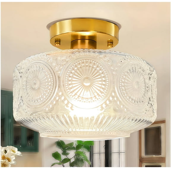 Semi Flush Mount Ceiling Light Fixture,Glass Ceiling Light,Gold Light Fixture Ceiling Mount,Vintage Ceiling Light for Hallway Bedroom Kitchen Entryway Living Room