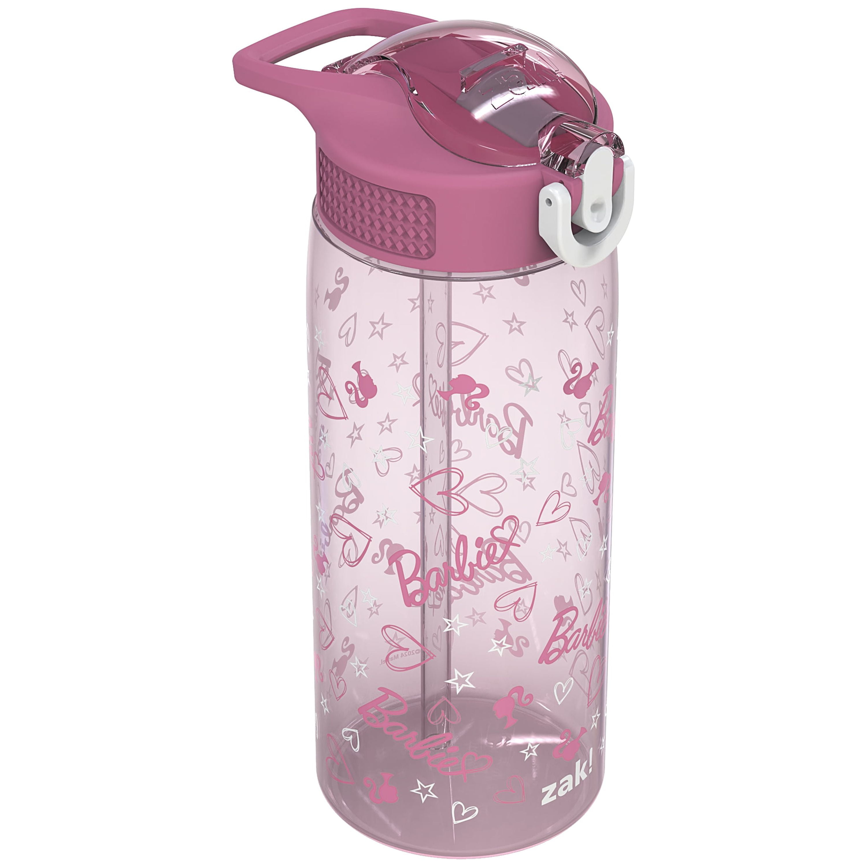 Zak Designs 25oz Barbie Kids Straw Water Bottle, Durable Plastic Park Bottle with Easy-Open Locking Spout Cover for Travel, Built in Carry Handle