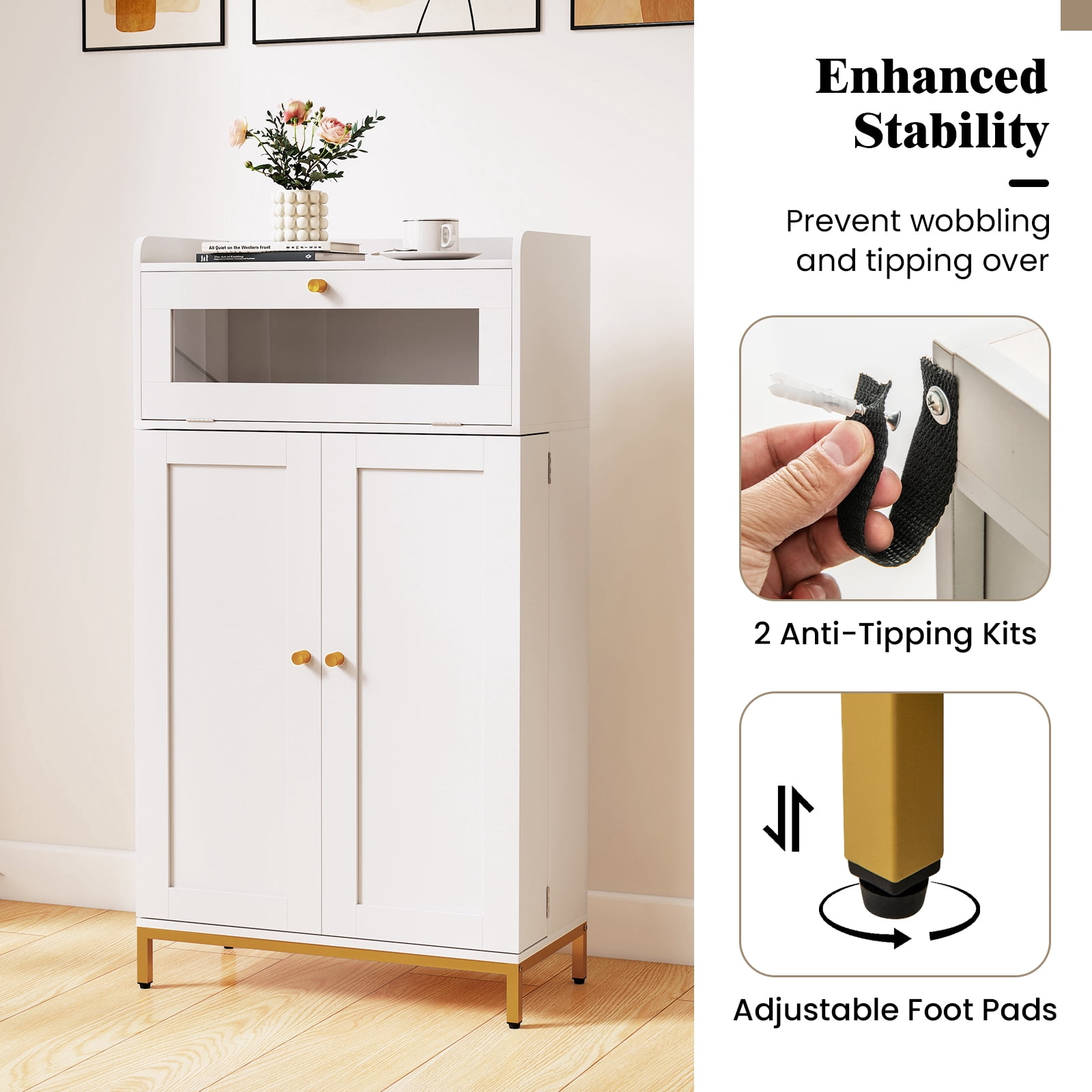 Gymax Kitchen Pantry Cabinet Power Outlet & APP Control LED Lights Acrylic Flip Door