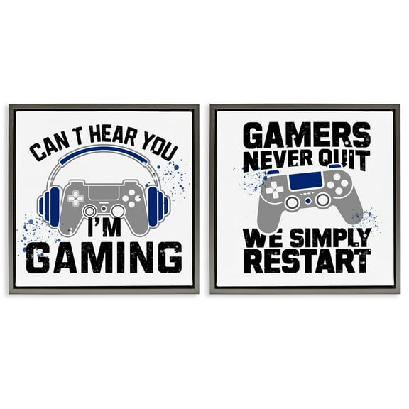Stupell Industries Gamer Culture Phrases 2 Piece Gray Framed Floater Canvas Set, design by Kim Allen