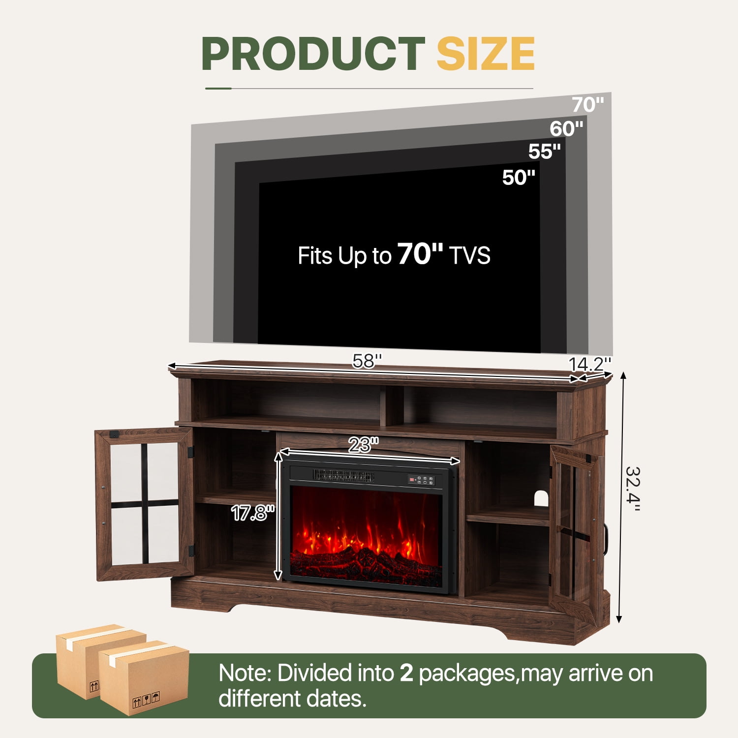 BaPiPro 58" Fireplace TV Stand with 23" Electric Fireplace for TVs up to 70", Media Entertainment Center Console Table, Rustic Brown