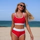 thumbnail image 1 of Trajes de baño Amzcrzy Tankini para mujer, traje de baño de dos piezas de cintura alta con mangas abullonadas para mujer, conjuntos de bikini negros, traje de baño de dos piezas con recortes, rojo, S, 1 of 7