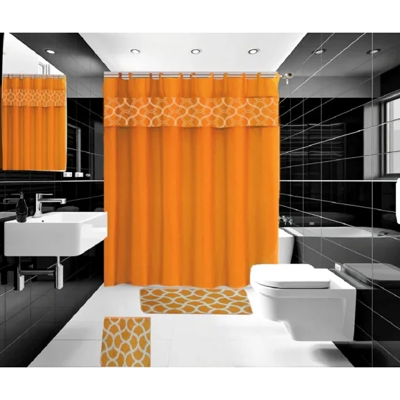 Gorgeous Home Linen 15-Piece Bathroom Set 2-Rugs/Mats, 1 -Fabric Shower Curtain, 12-Fabric Covered Rings Geometric Orange