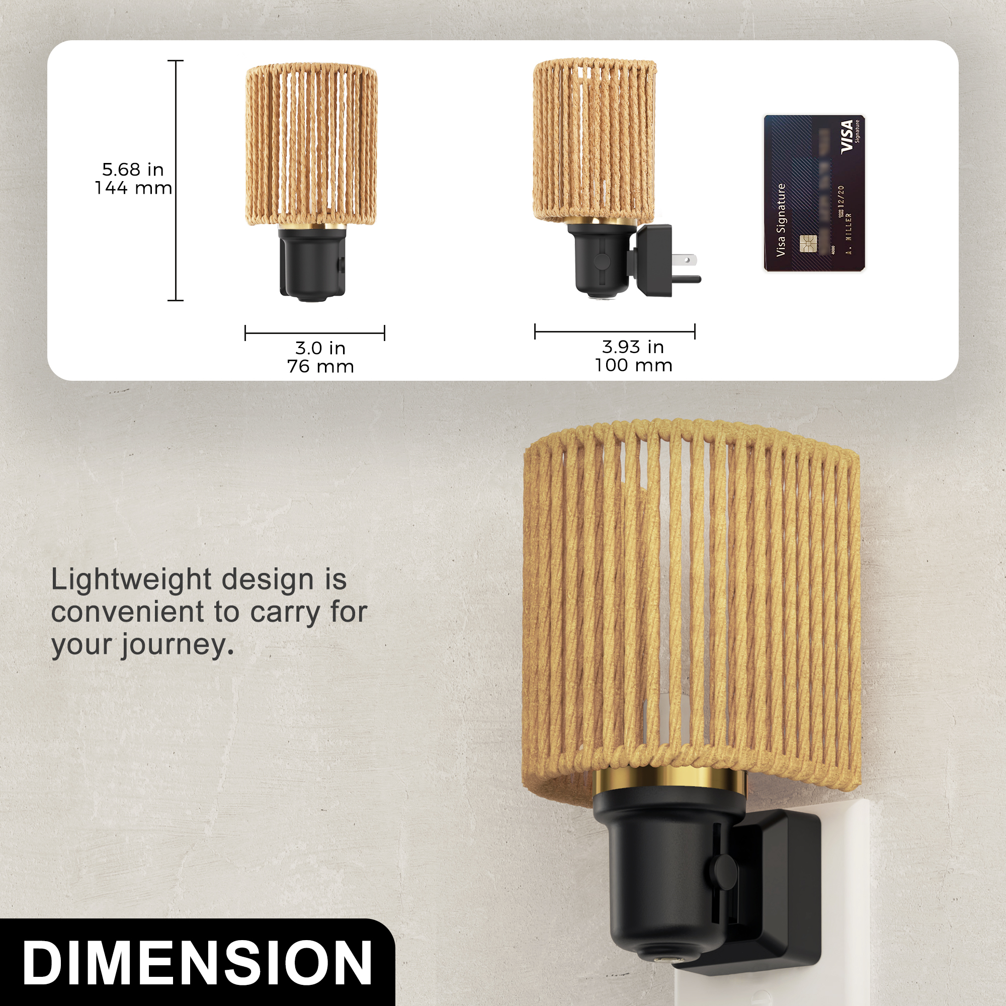 YANSUN 1 Pack Boho Plug in Night Light, Vintage Rattan Dimmable 3000K Decorative Nightlight with Light Sensor and Metal Ring for Bedroom Bathroom