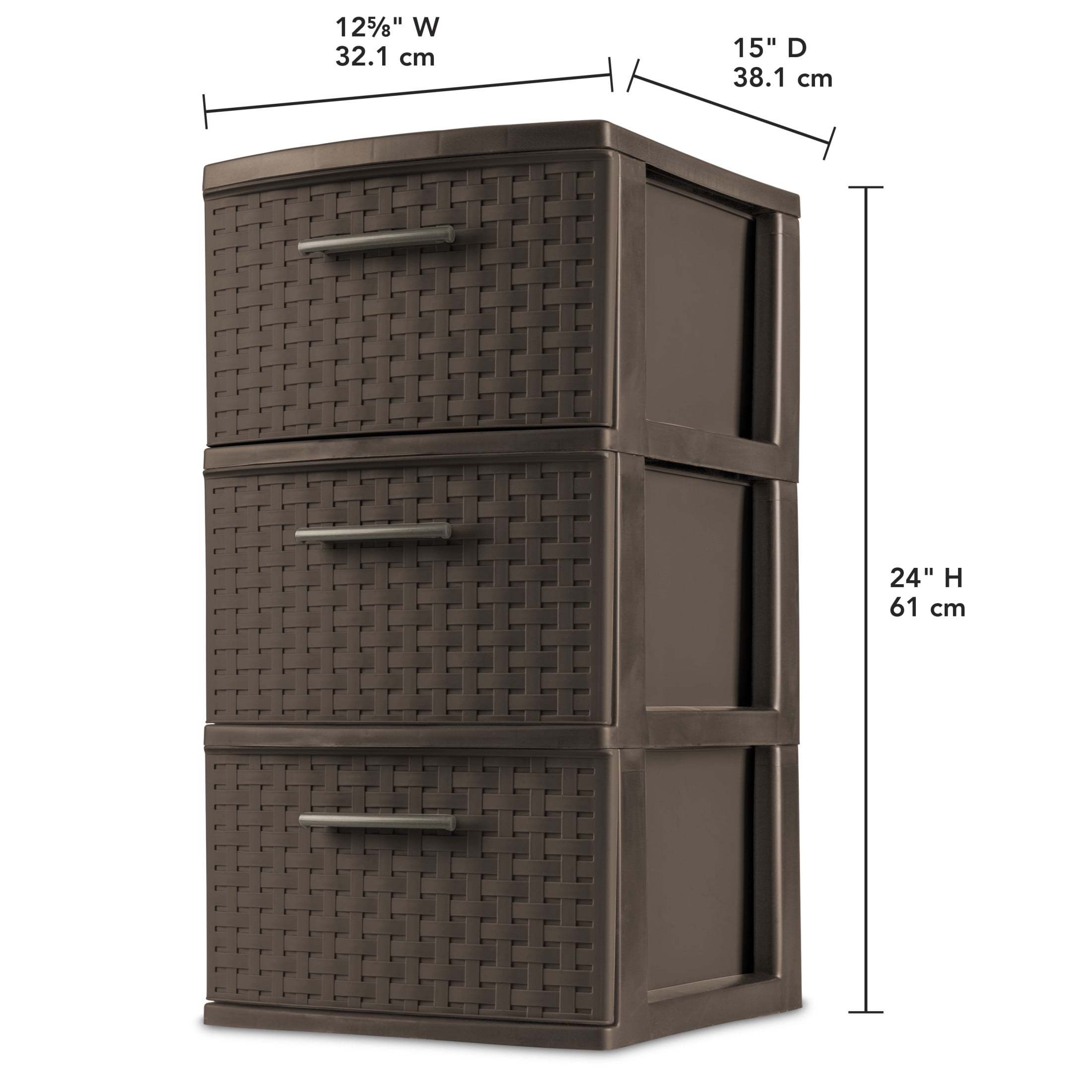 Sterilite 3 Drawer Weave Tower, Plastic Décor Drawers with Pull Handles, Brown