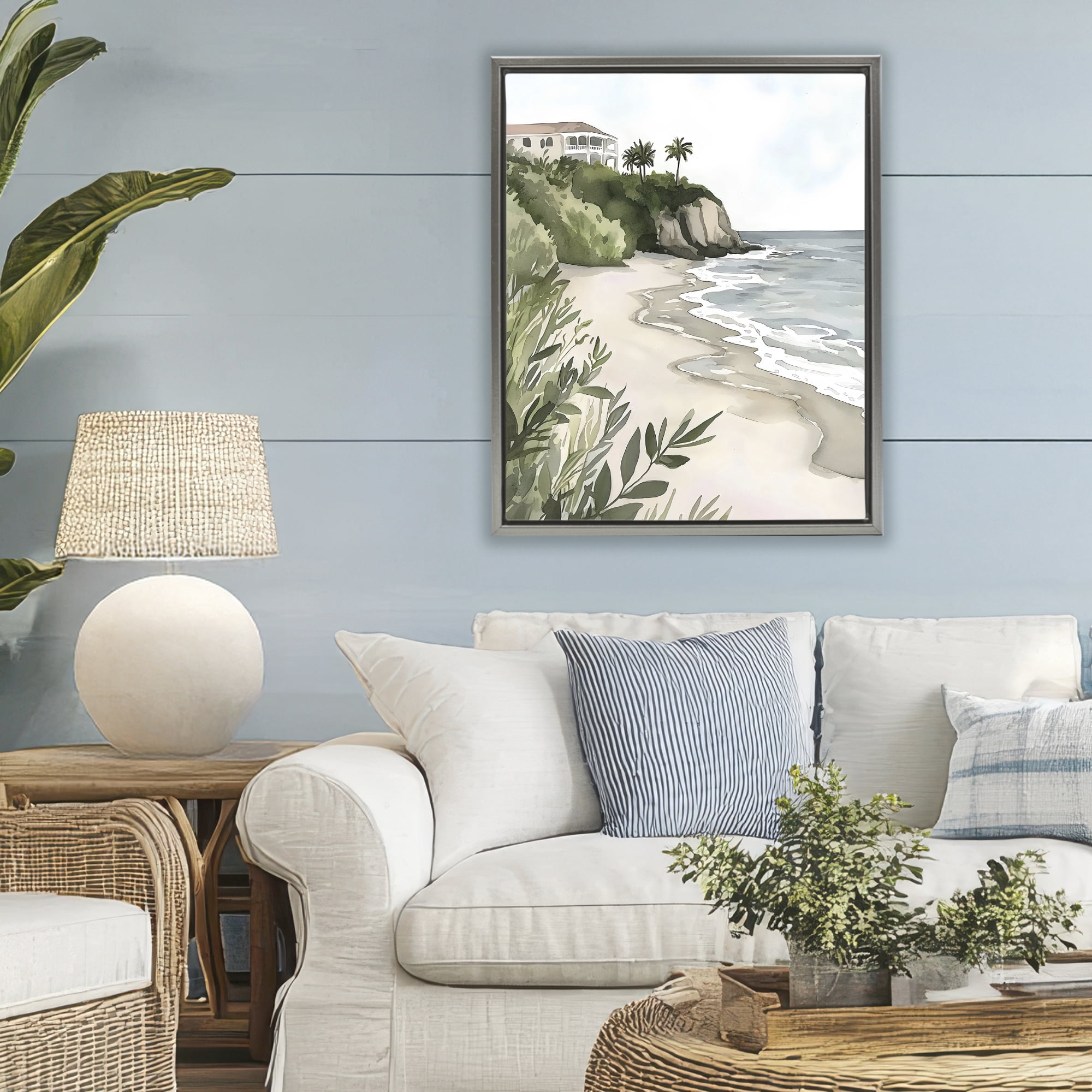 Stupell Industries Coastal Calm Villa on Bluff Gray Framed Floater Canvas Wall Art, design by Riley B