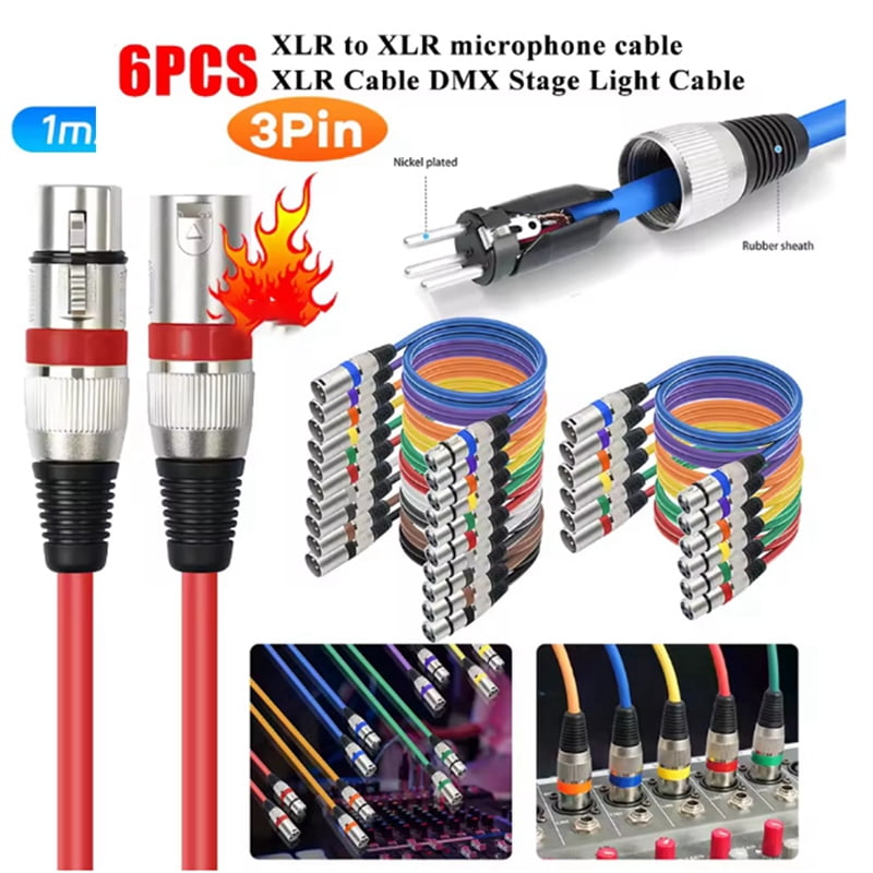 6pcs 1M XLR Cable Stage Light Cable 3Pin XLR Male to Female for Moving Head Light Spotlight Par Light Microphone Mixer