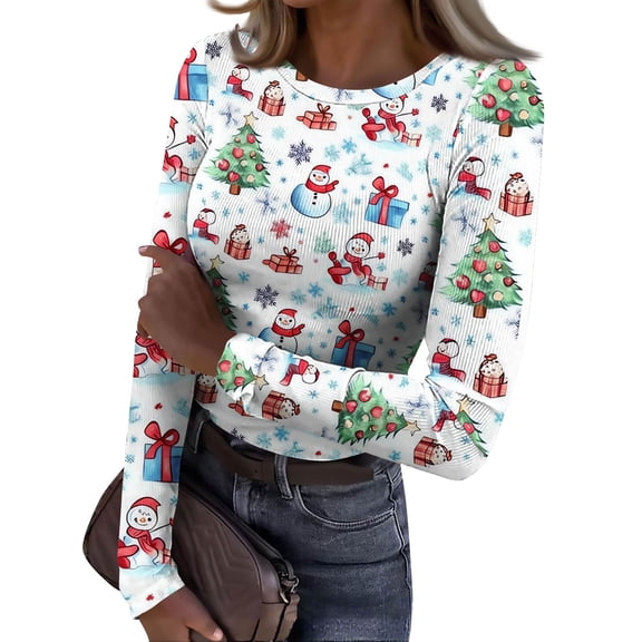 Kixjoy Long Sleeve Undershirt For Women Slim Fit Long Sleeve Thermal Tops Crewneck Ribbed Fall Undershirts Christmas Lightweight Christmas Tees for Women, Light Blue XL