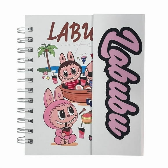 Libreta de tapa dura laminado liso con espiral metálico en la lateral con solapa protectora, L A B U B U color blanco