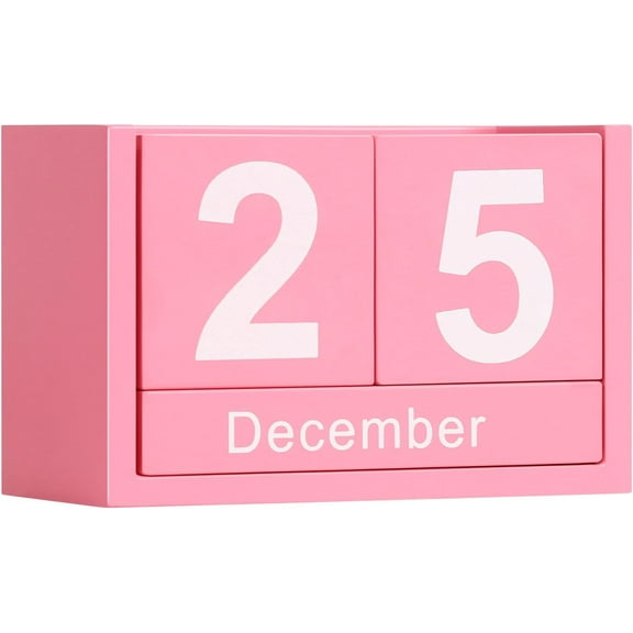 Neighborly Nook Wooden Block Calendar for Desk, Small Size Daily Desktop Perpetual Desk Calendar, Cute Date Display Desk Accessories for Home Office Decor, Teacher, Classroom, Reusable Yearly, Pink