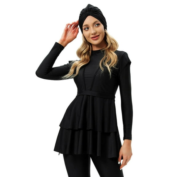 IBTOM CASTLE Modest Muslim Islamic Long Sleeve Burkini for Women Full Cover Swim Rashguard Hijab Swimsuit Bathing Suit L Black