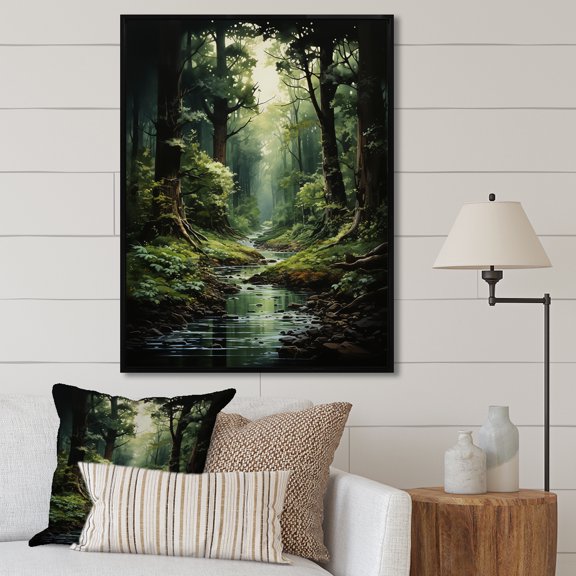 Designart "Enchanted Woods By The River I" Forest Floater Framed Canvas Wall Art