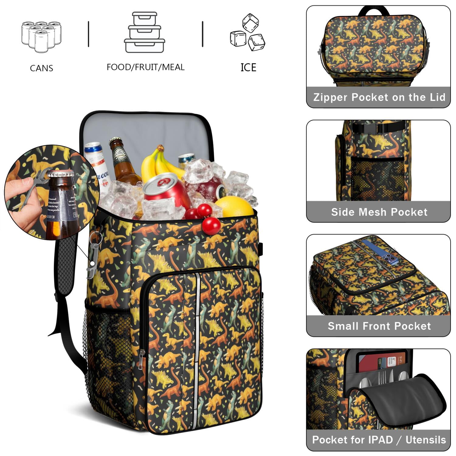 Travel Cooler Bag - Black Toy Like Dinosaurs Pattern Camping Beer Cooler Backpack with Bottle Opener- Waterproof Insulated Picnic Backpacks - Cooler Bag for Beach