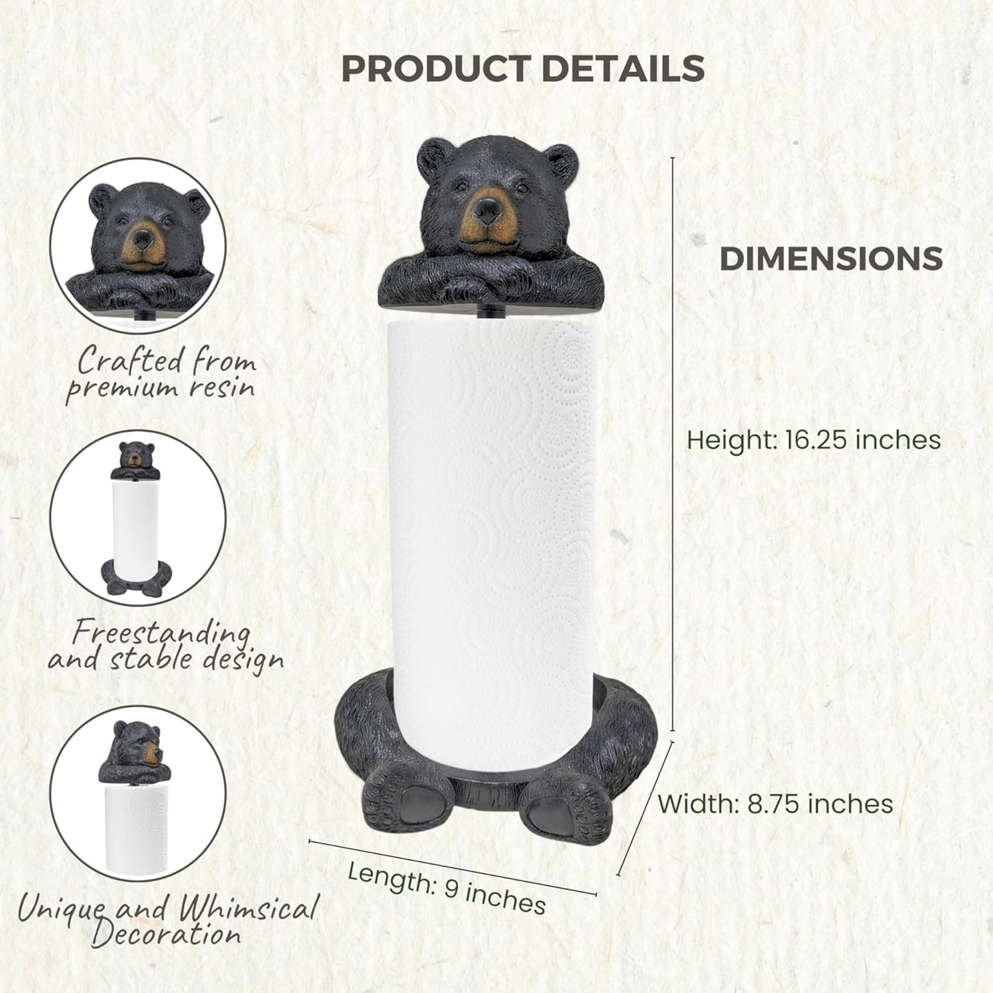 Rustic Bear Paper Towel Holder - Charming Woodland Decor for Cabin & Lodge Kitchens - Durable Resin and Metal Build, Quick Assembly, Ideal Wildlife-Themed Gift for Nature Lovers