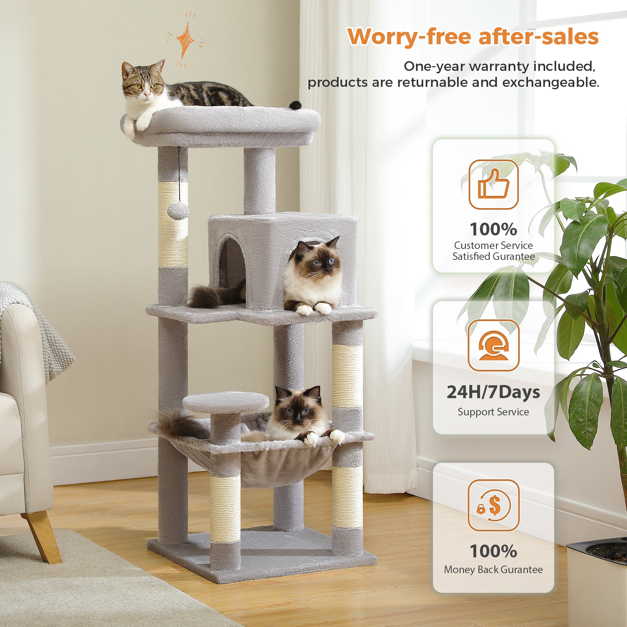 PEQULTI 45.7" Multi-Level Cat Tree Large Cat Tower Indoor with Condo and Hommock Light Gray