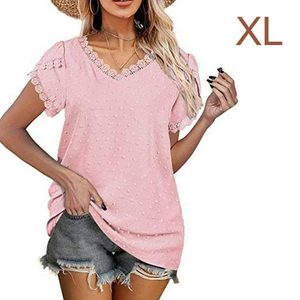 Women Cotton T-Shirt Loose Lace Solid Color Summer Top Travel Beach  Vacation Sports Hiking Party Female Daily Wear Clothing Pink XL 