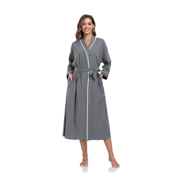 EA'S SECRET 100% Cotton Womens Long Robe Lightweight Kimono Bath Robe with Pockets(Deep Gray,L)