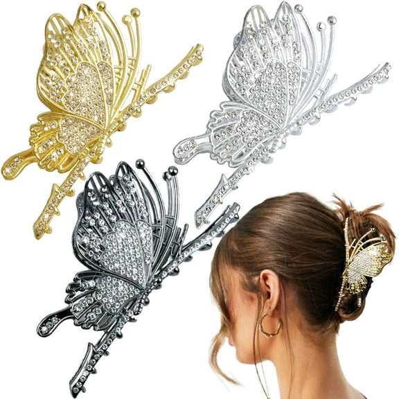 3 Packs Large Sparkly Butterfly Hair Clips for Women, Metal Rhinestone Hair Claw Jaw Non-Slip Cute Hairclips Accessories for Thick Hair, Gold&Black&Silver