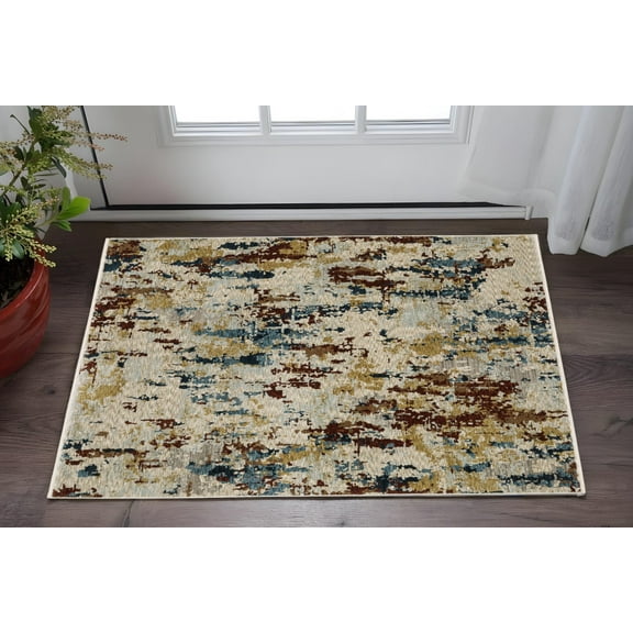 3' X 5' Beige Rust And Tan Abstract Area Rug With Fringe