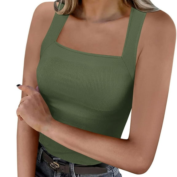 Women Sleeveless Scoop Neck Ribbed Tank Top Fitted Summer Workout Basic Going Out Basic Cami T-Shirts