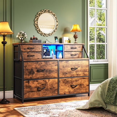 Dresser for Bedroom Dresser with 8 Fabric Drawers Dresser with LED Lights & Charging Station Dresser with Open Shelf for Living Room and Entryway Easy to Assemble Vintage Brown