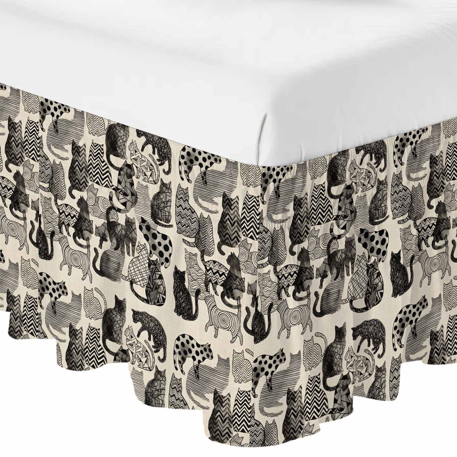 Bed Skirt Abstract Cat Vintage Adjustable Elastic Wrap-Around Dust Ruffle with Geometric Wave Dot Line Cat Memphis Art 18 Inch Drop, Bed Frame Cover for King Size Bed