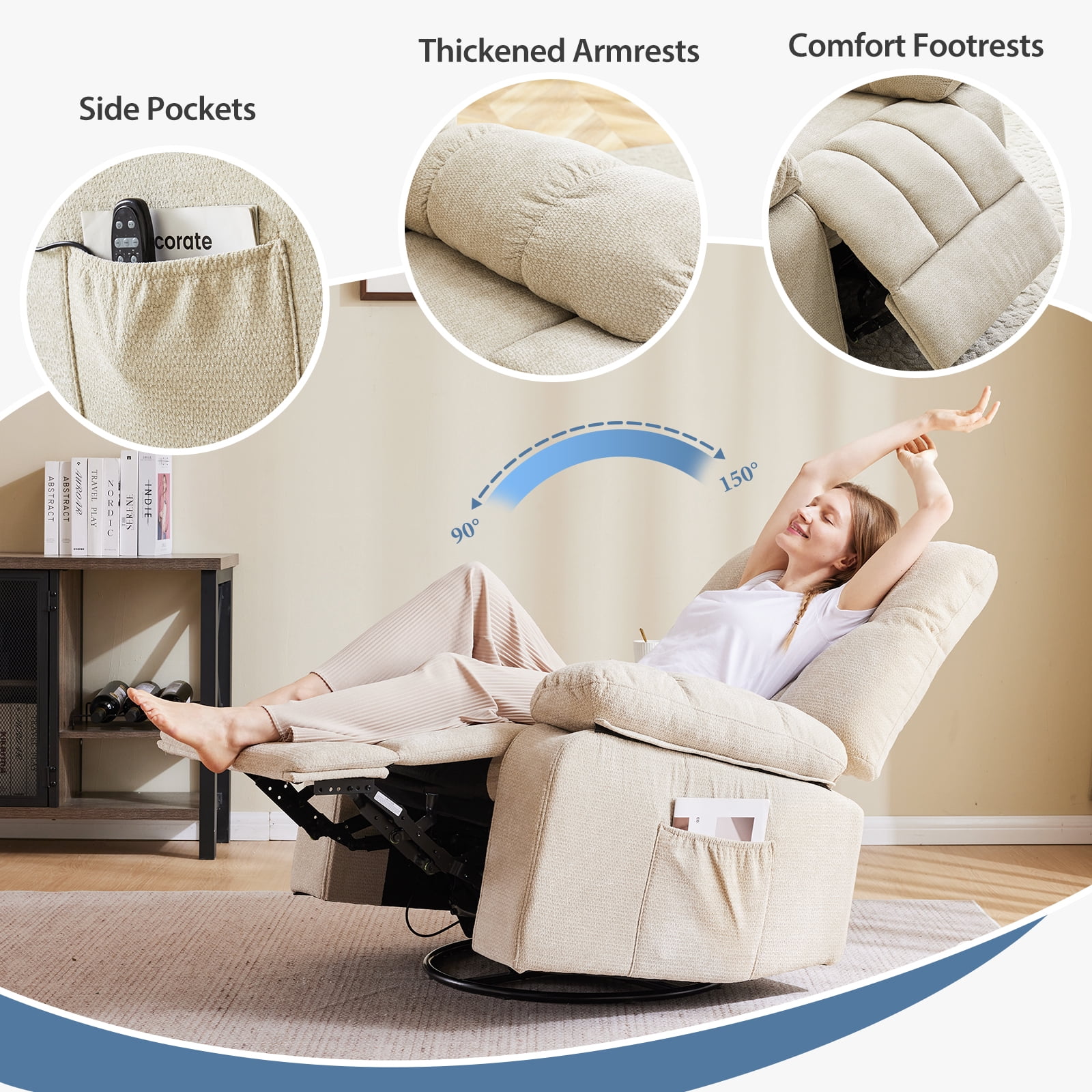 CONCETTA Manual Swivel Recliner Chair with Heating and Vibration Massage，Beige