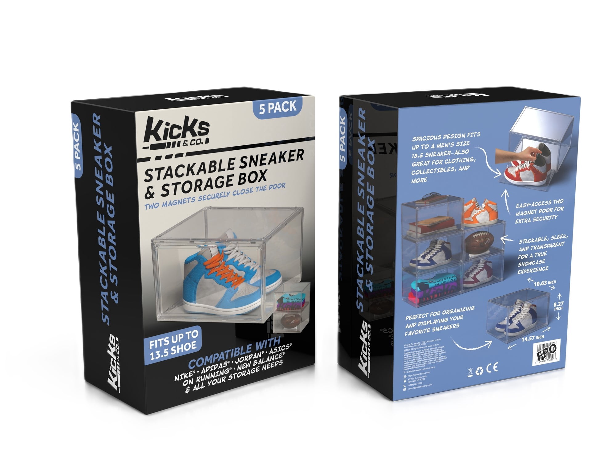 Kicks & Co XL Shoe Storage Clear Plastic Stackable Shoe Box with Lids for Sneakers Fits Up to Size 13, 5 pack