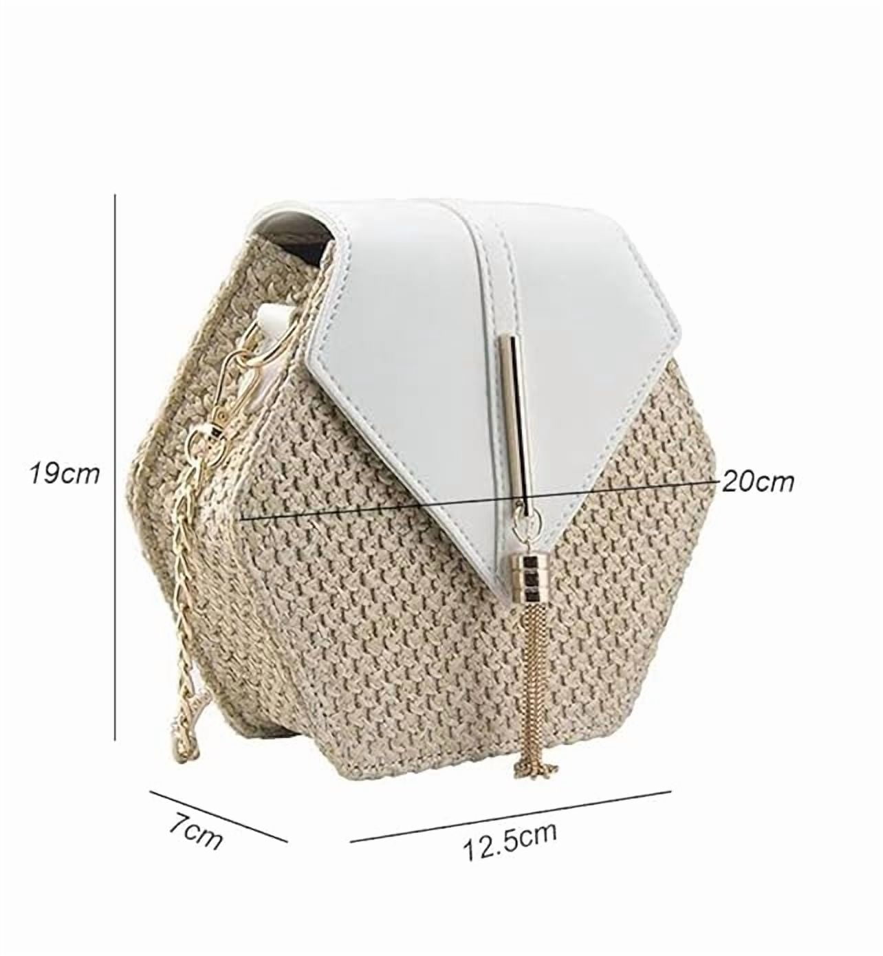 Swadeshi Desire Crossbody Straw Bags Hexagon Shape Shoulder Sling Bag Handbags with Tassel for Women Girl's(White)