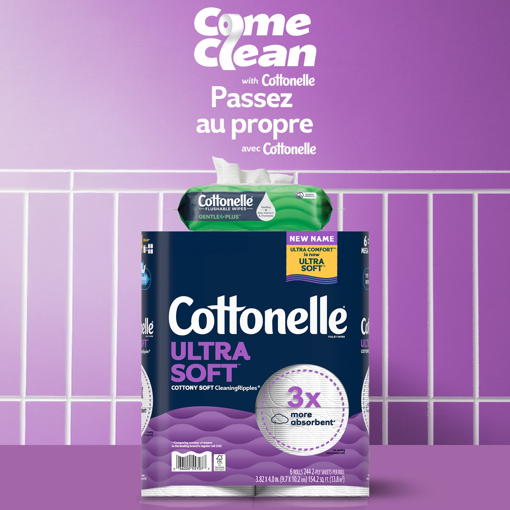 Papier hygiénique Cottonelle Ultra Soft, papier hygiénique résistant, 12 méga rouleaux