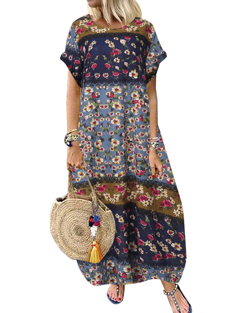 ZANZEA Women Ethnic Print Vintage Maxi Dress - Walmart.com