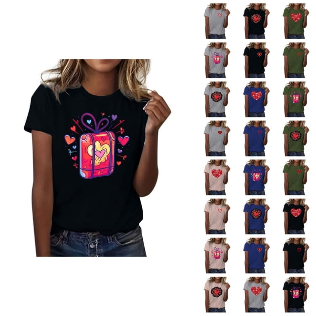 T-shirts de la Saint-Valentin pour Femmes 2026 Mode Manches Courtes Col Rond Cœur Graphique