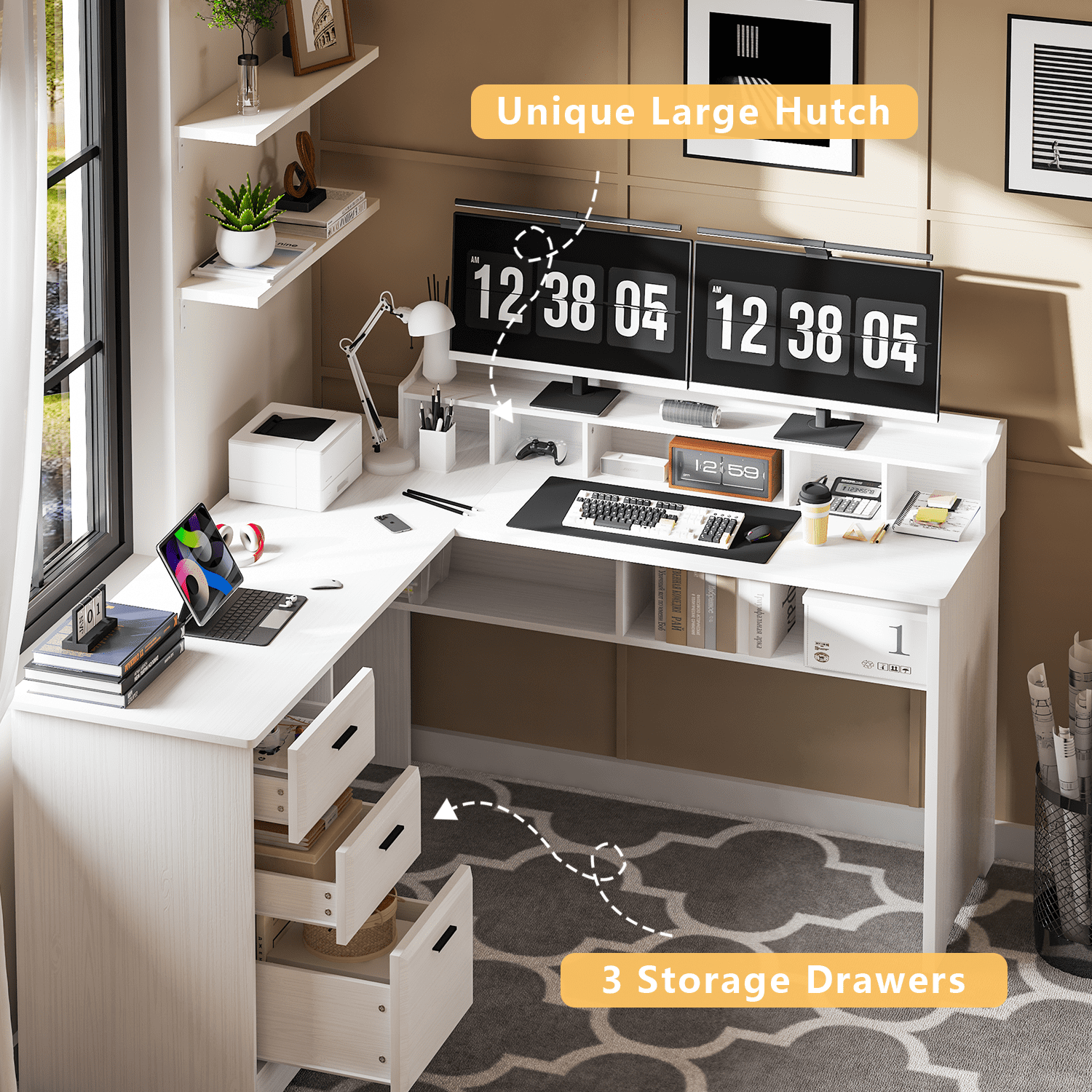 Catrimown White L Shaped Desk with Drawers, 60 Inch Corner Computer Desk with Power Outlet and USB Ports, Wooden Home Office Desk with File Cabinets, White