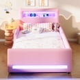thumbnail image 4 of Euroco Upholstered Twin Size Platform Bed with LED Light and USB Ports, 2 Drawers, Pink, 4 of 12