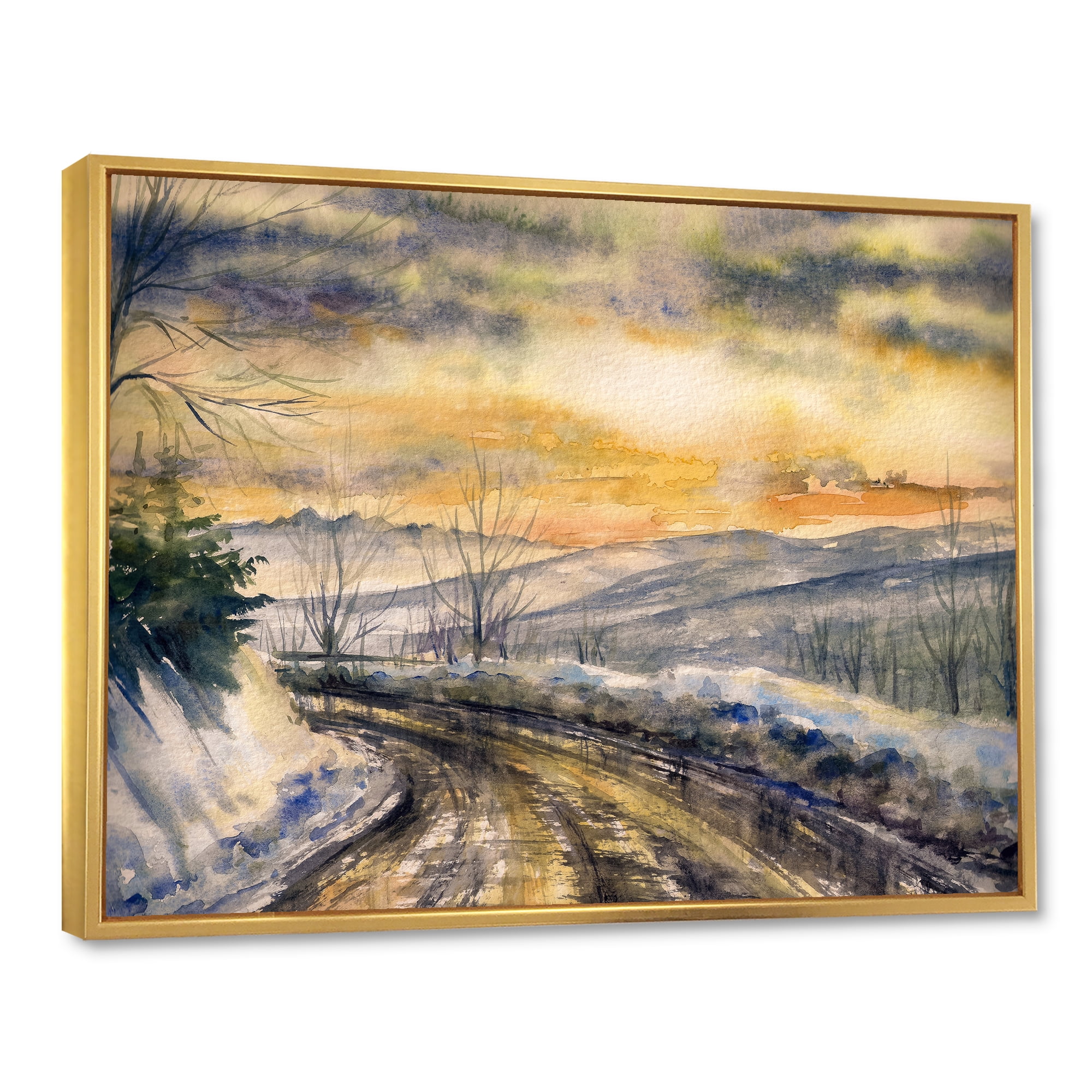 Designart 'Road Under Bright Sunset With Winter Landscape' Traditional Framed Canvas Wall Art Print