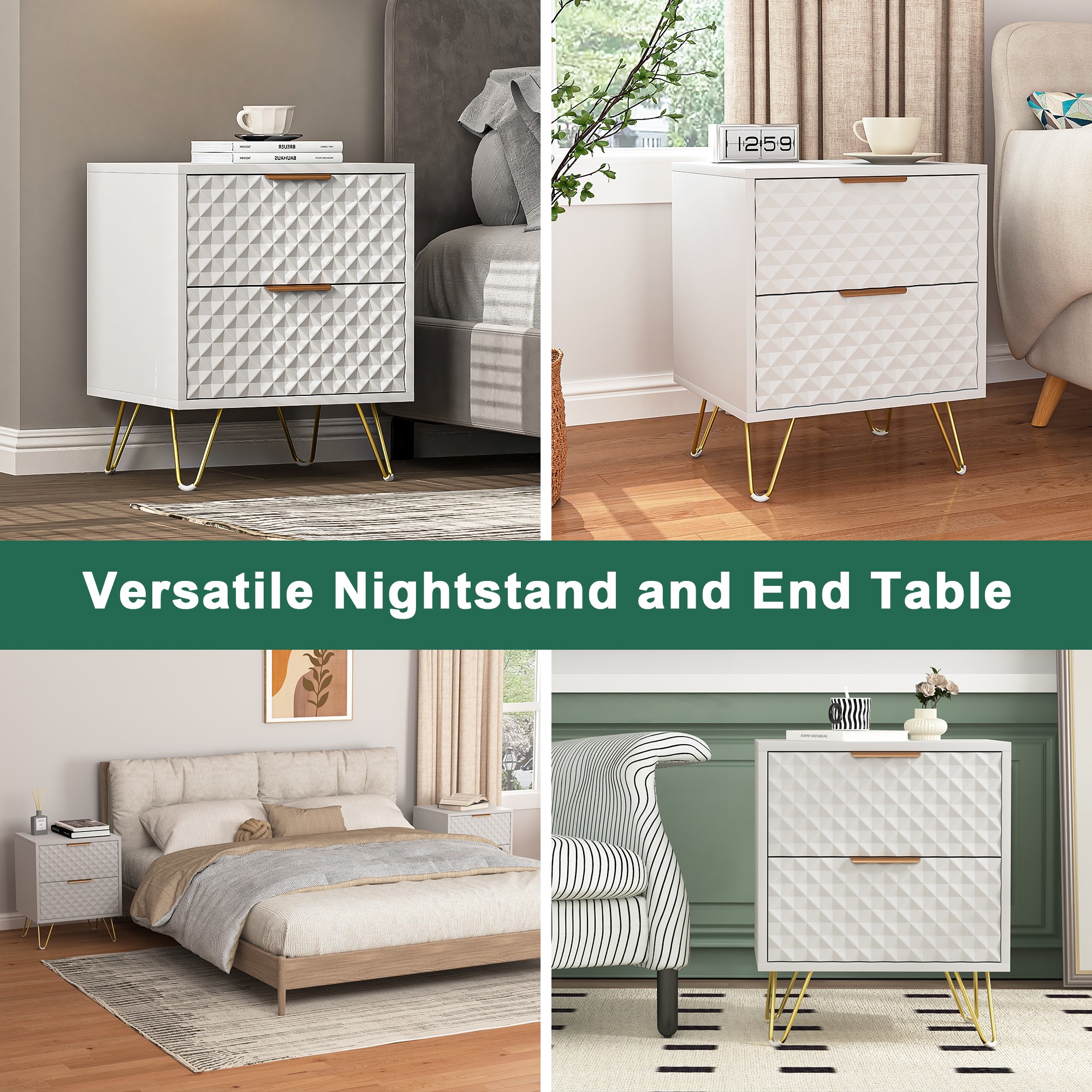 2 Drawer Bedroom Nightstand Set of 2 with Gold Metal Handle and Legs, White Bedside Table