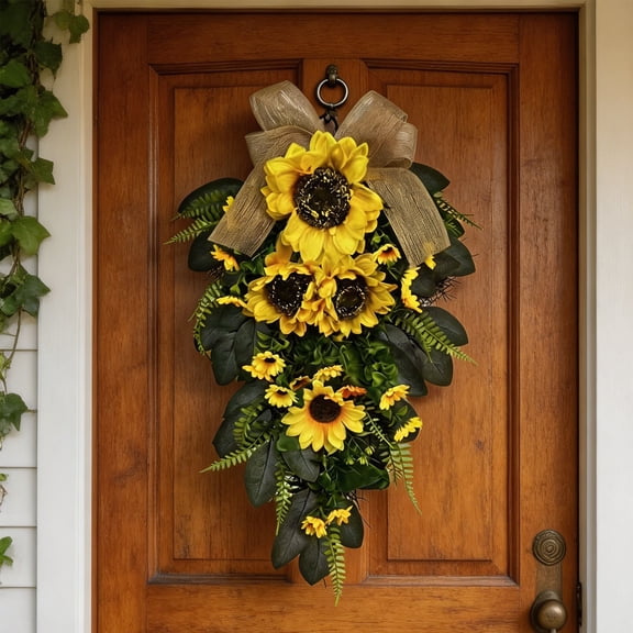 Artificial Sunflower Teardrop Wreath Farmhouse Door Decor Seasonal Hanging Wreath Rustic Bow Spring Summer Accent, Weather Resistant Colorful Design, for Front Door Porch Wall Window Living Room Use