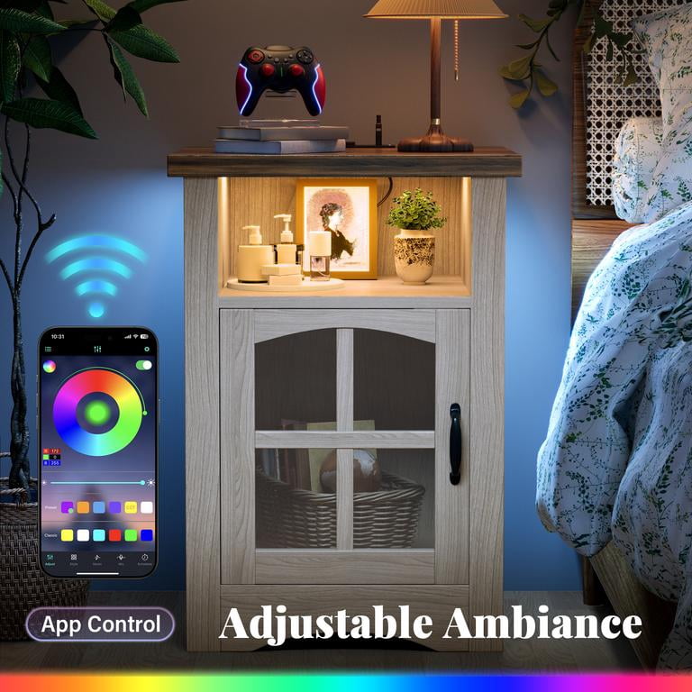 Lacoo End Table Set of 2 with LED Lights & Power Outlet, Side Table with Glass Door for Living Room, Nightstand with Storage for Bedroom, Natural