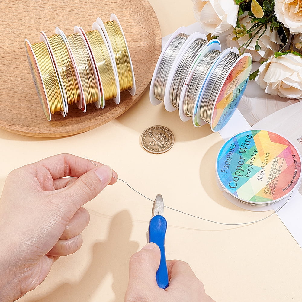 10 Rolls 10 Styles Round Copper Jewelry Wire Long-Lasting Plated Mixed Color 0.4~1mm 1 roll/style
