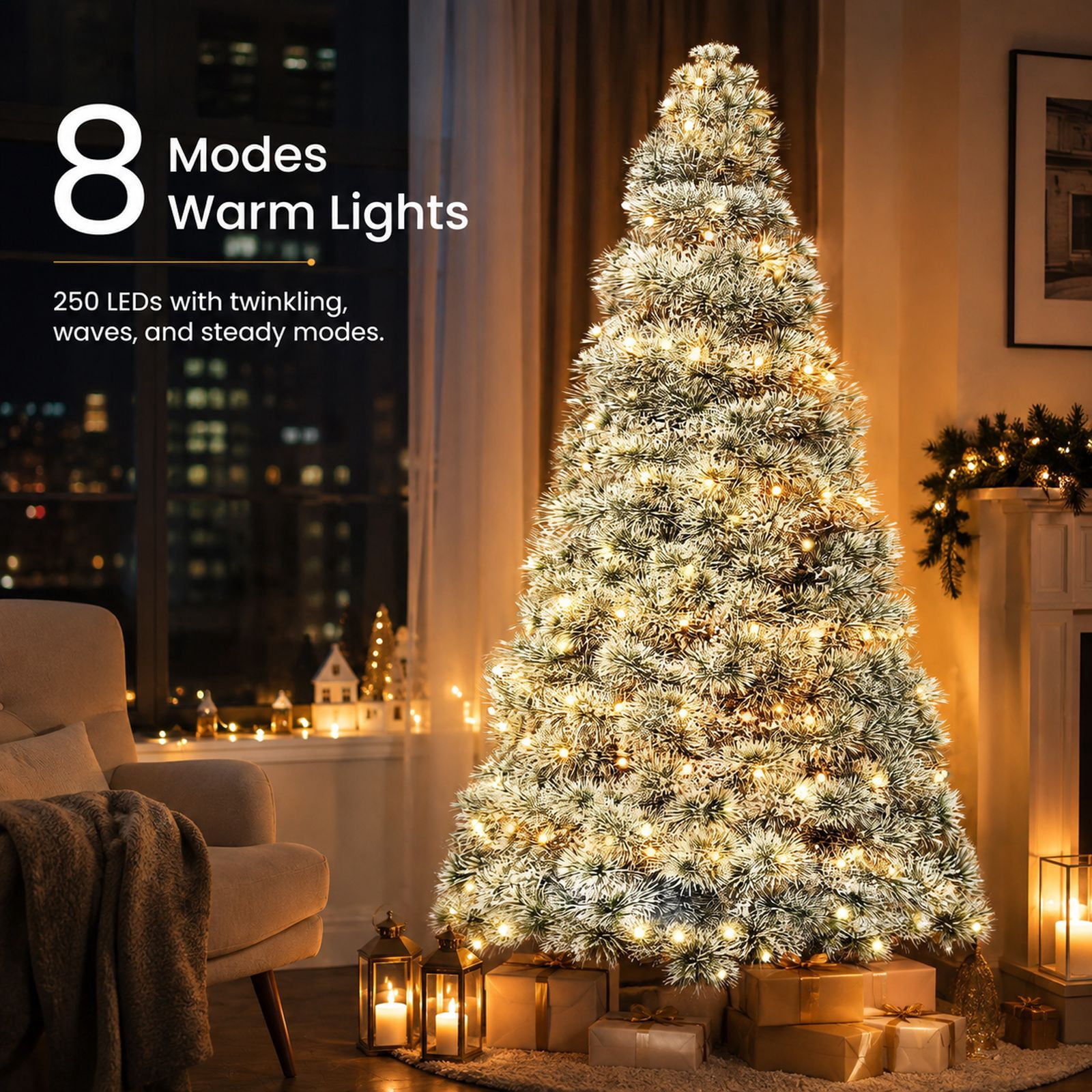 Alvantor 6FT Flocked Prelit Artificial Christmas Tree with 700 Branch Tips & 250 Lights