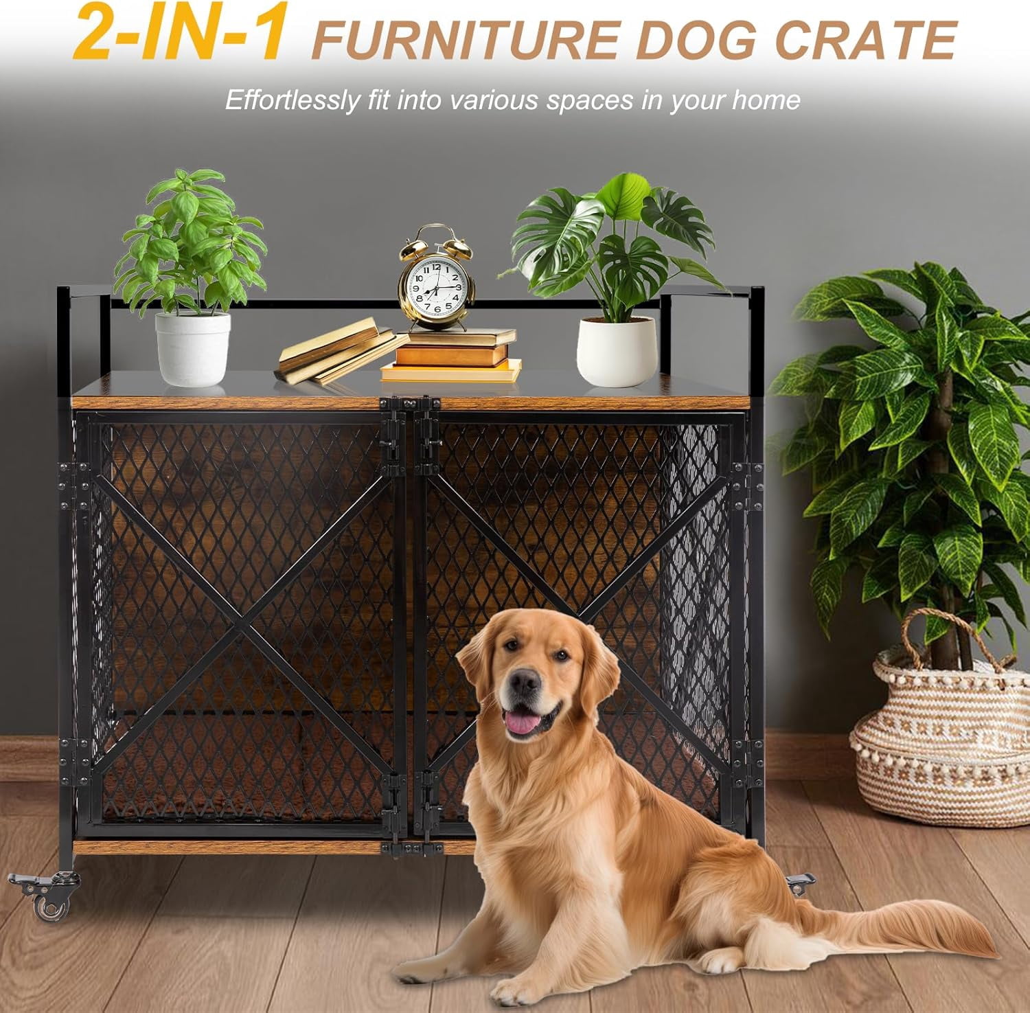 PETSCOSSET Dog Crate Furniture with Cushion, Double Door Wooden Dog Kennel Indoor with Wheels, 41"L x 23.6"W x 35.8"H